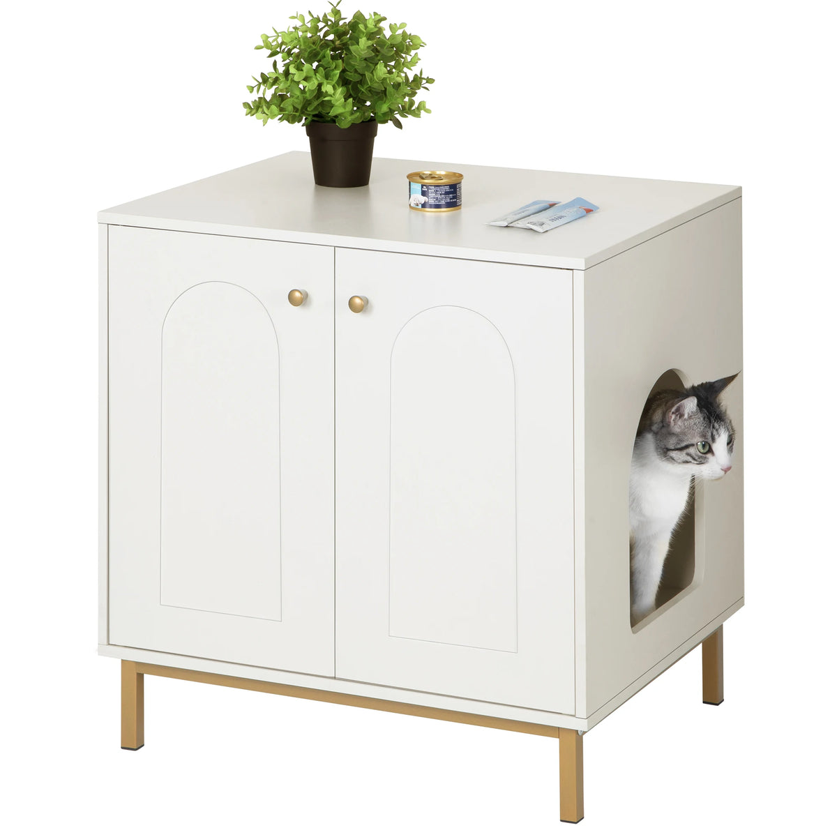 Meuble cache-litière blanc avec un chat qui passe la tête par l'entrée