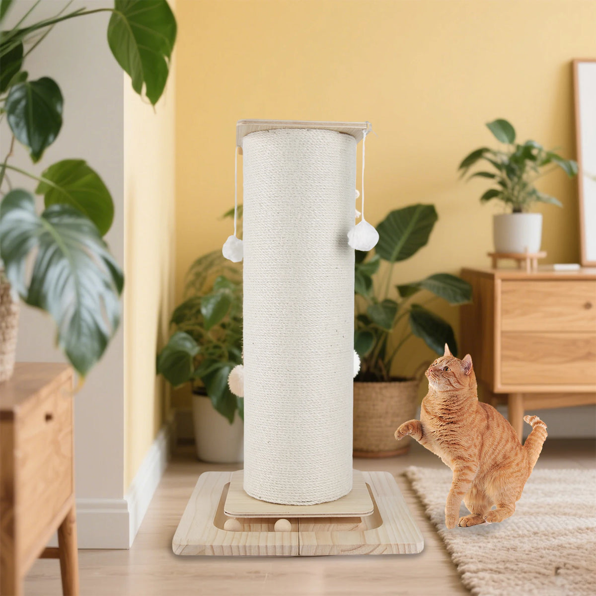 Colonne à griffer en sisal dans un salon, un chat roux joue au pied