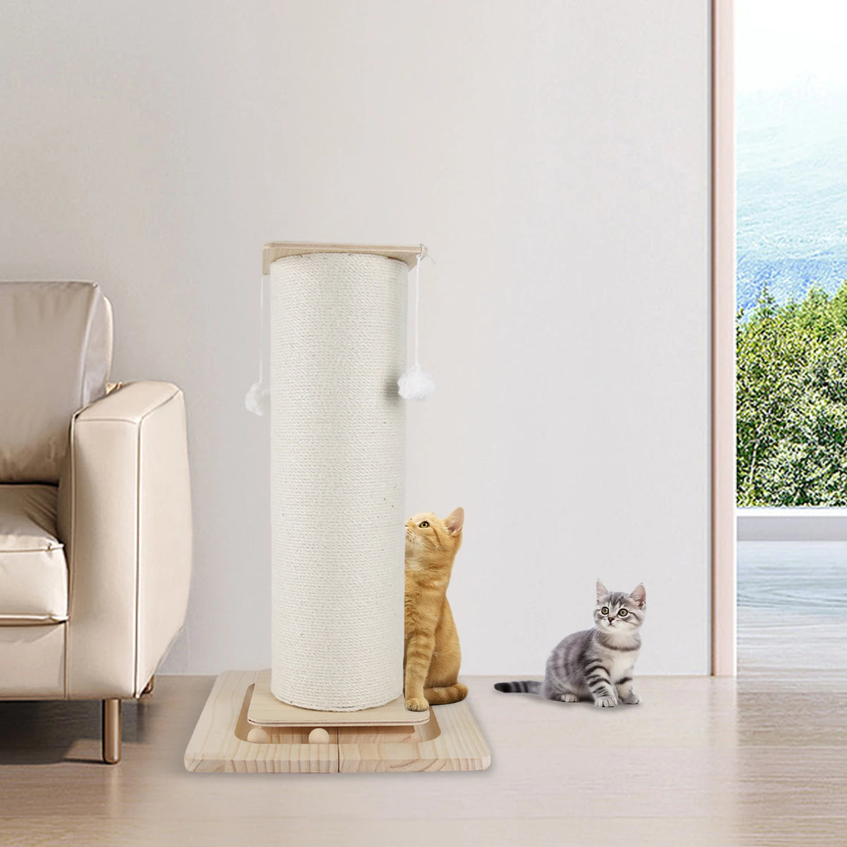 Deux chats autour de la colonne à griffer près d'un canapé