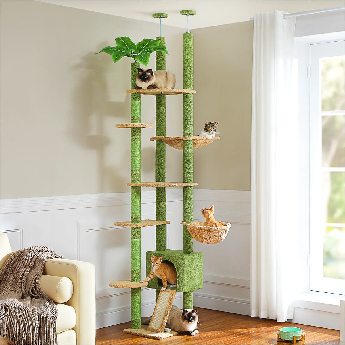 Arbre à chat vert du sol au plafond avec hamacs et niche
