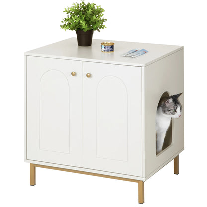 Meuble cache-litière blanc avec un chat qui passe la tête par l'entrée