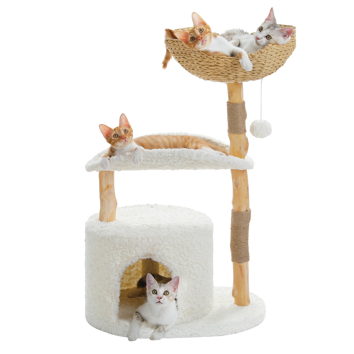 Arbre à chat 97 cm : panier en osier, perchoir incurvé et niche en bouclette