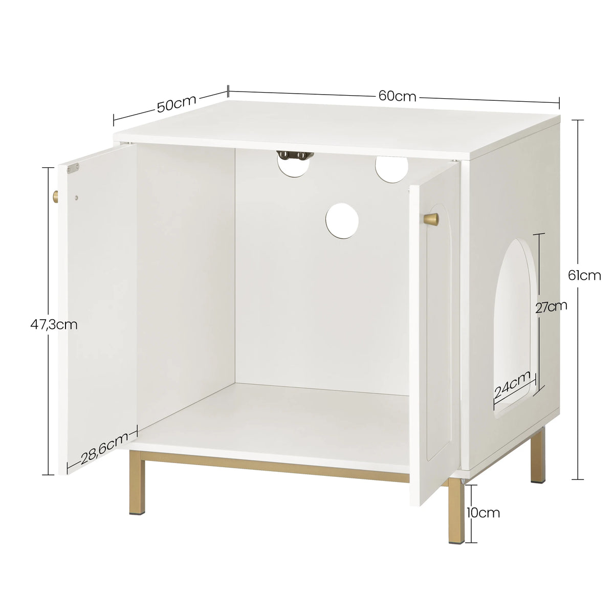 Dimensions du meuble cache-litière : 60 × 50 × 61 cm