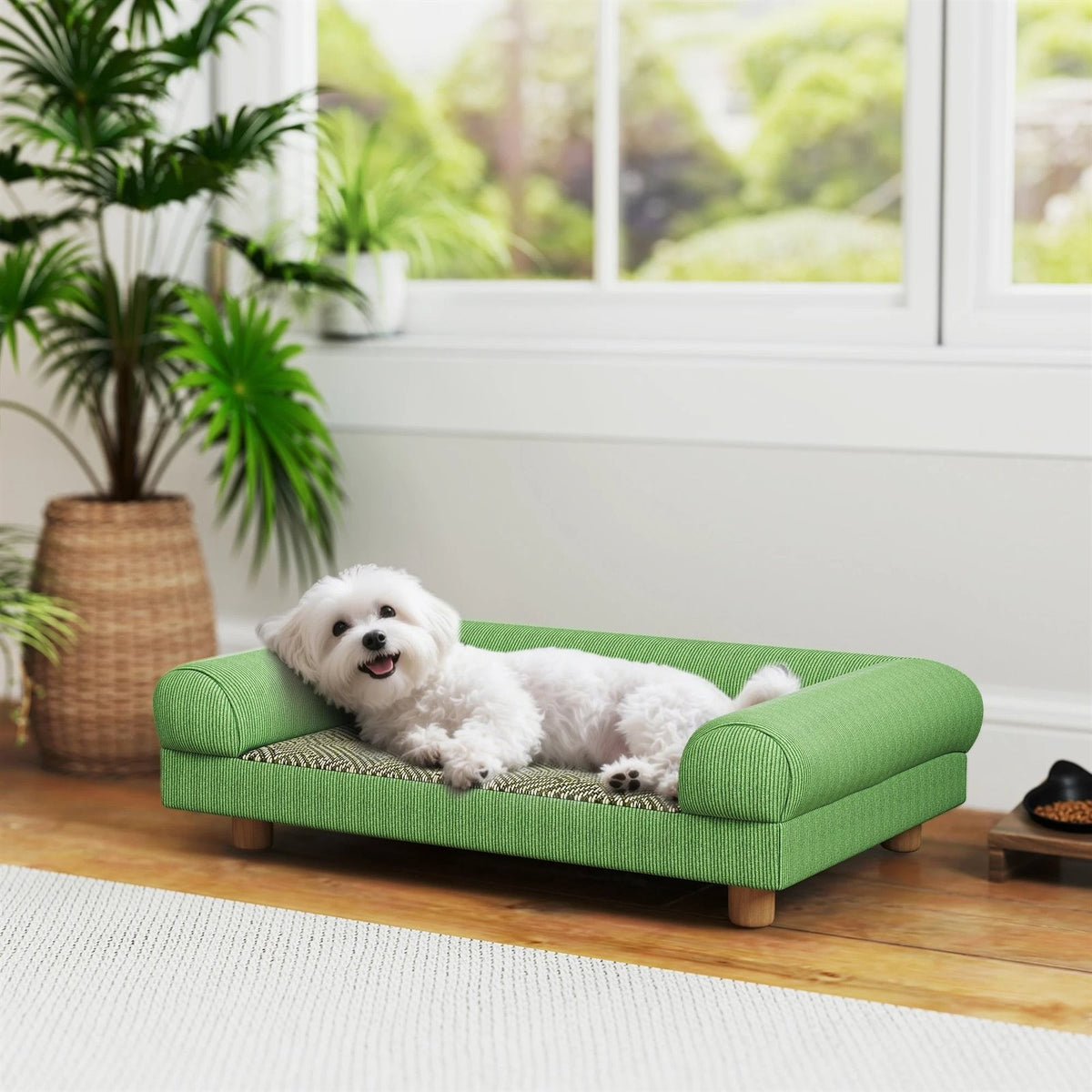 Petit chien blanc allongé sur le panier-canapé vert dans un salon lumineux