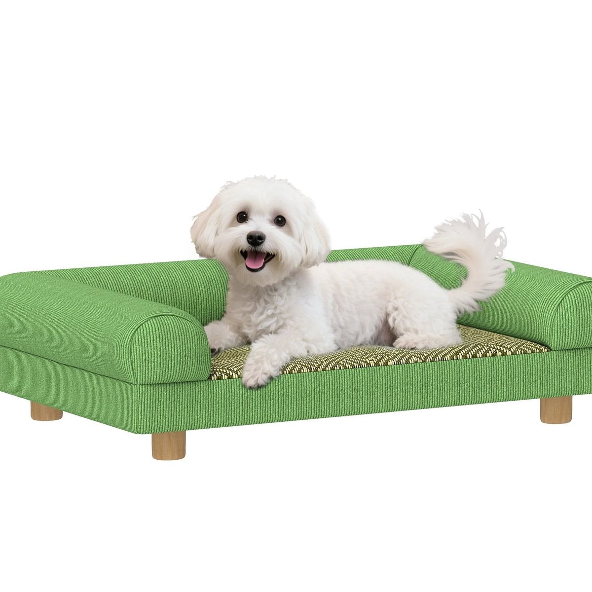 Panier-canapé en velours côtelé vert, petit chien blanc dessus